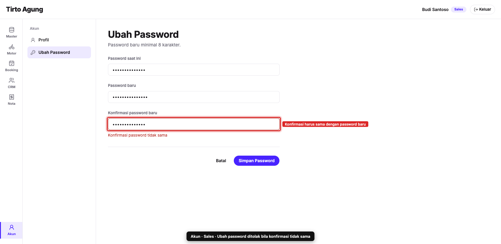 Konfirmasi tidak sama