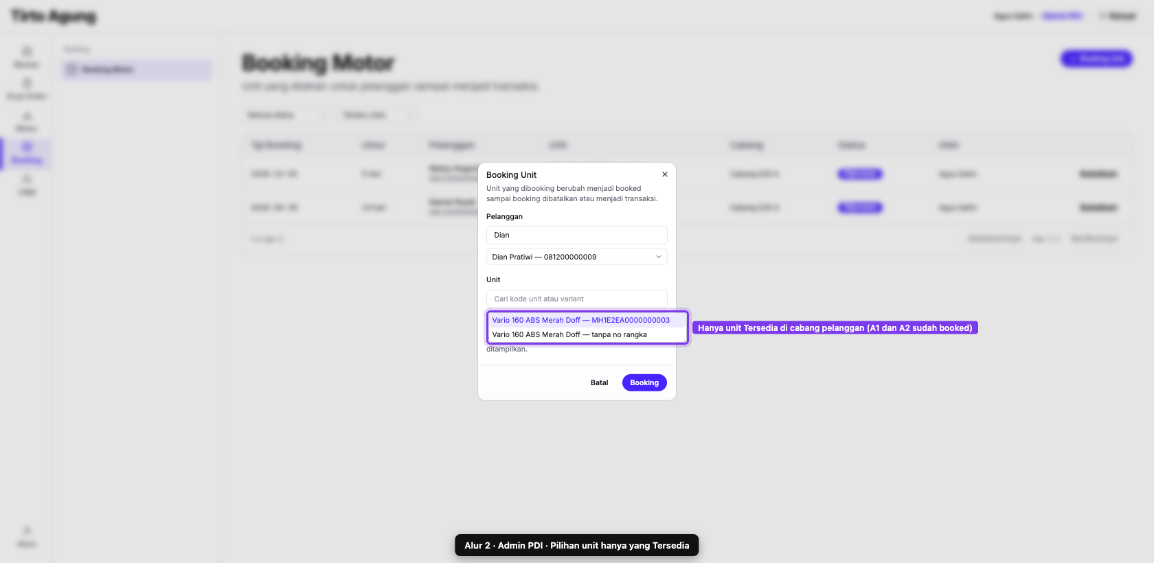 Pilihan unit Booking memuat unit tanpa no rangka