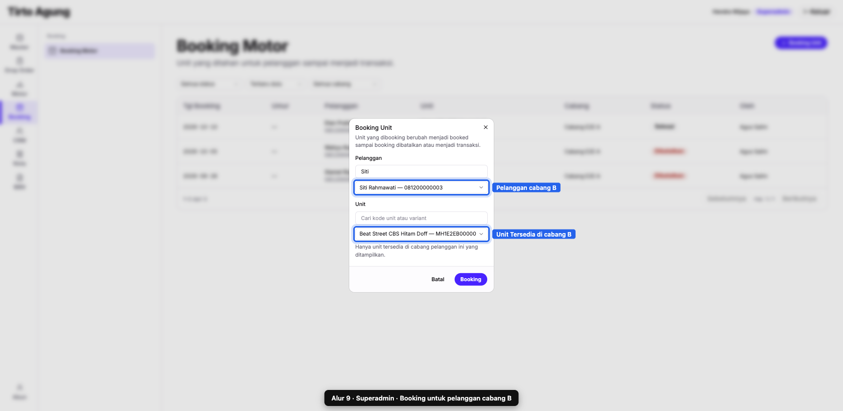 Superadmin booking cabang B