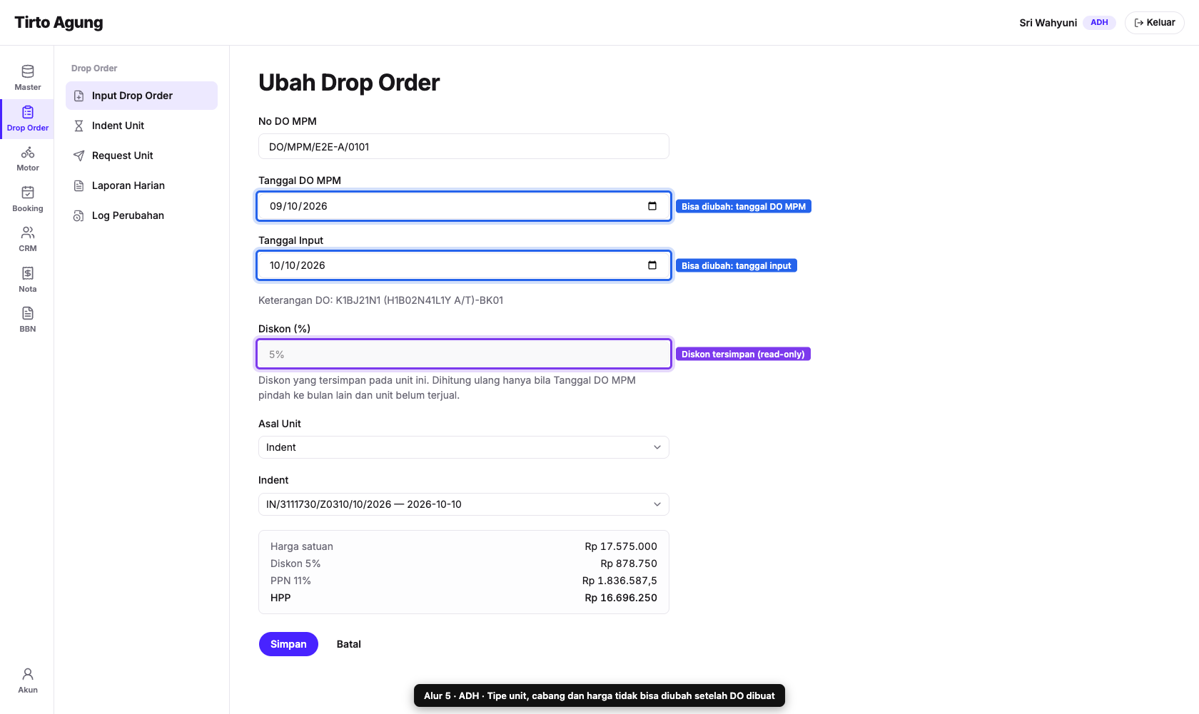 Form ubah DO