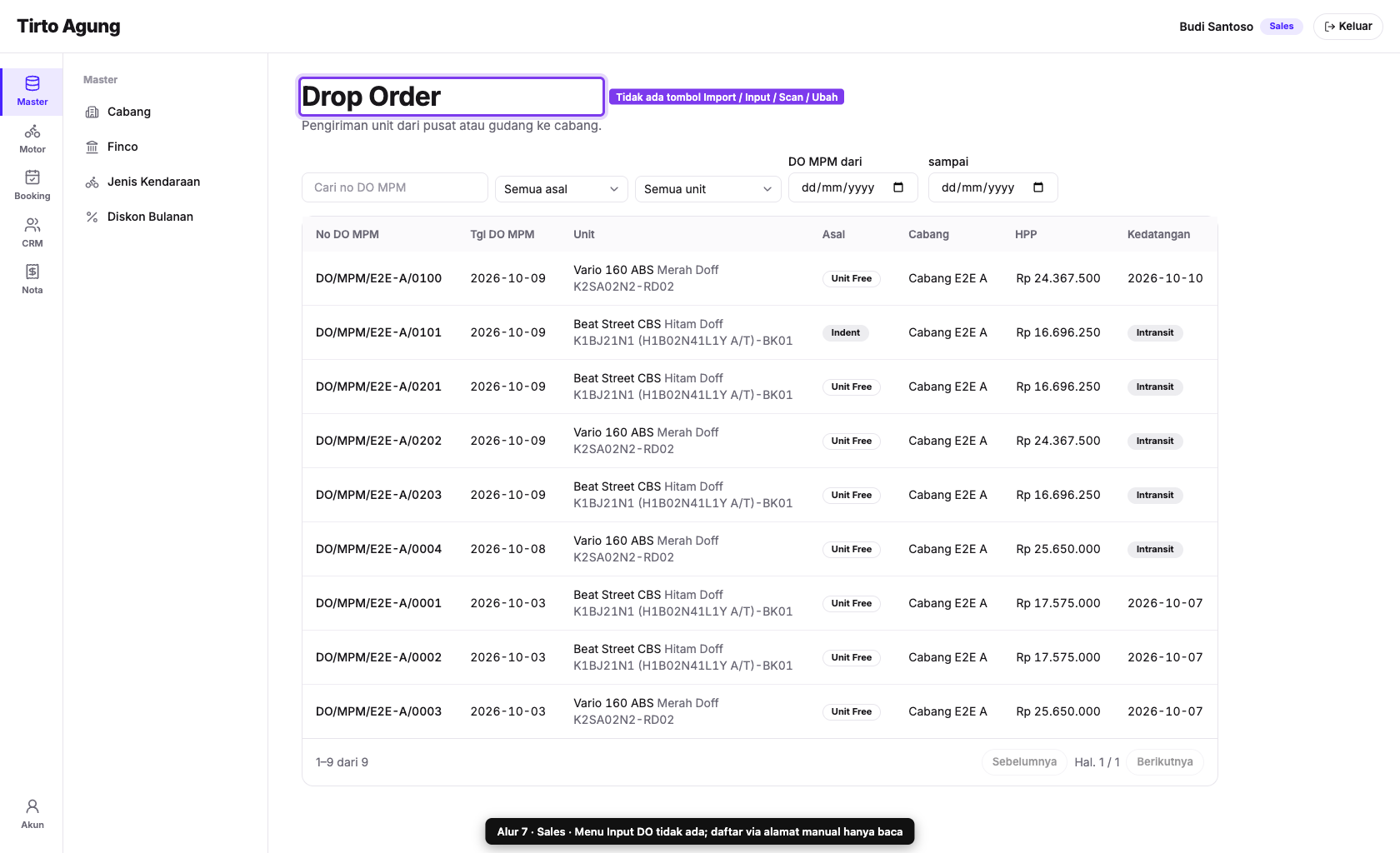 Sales melihat daftar DO