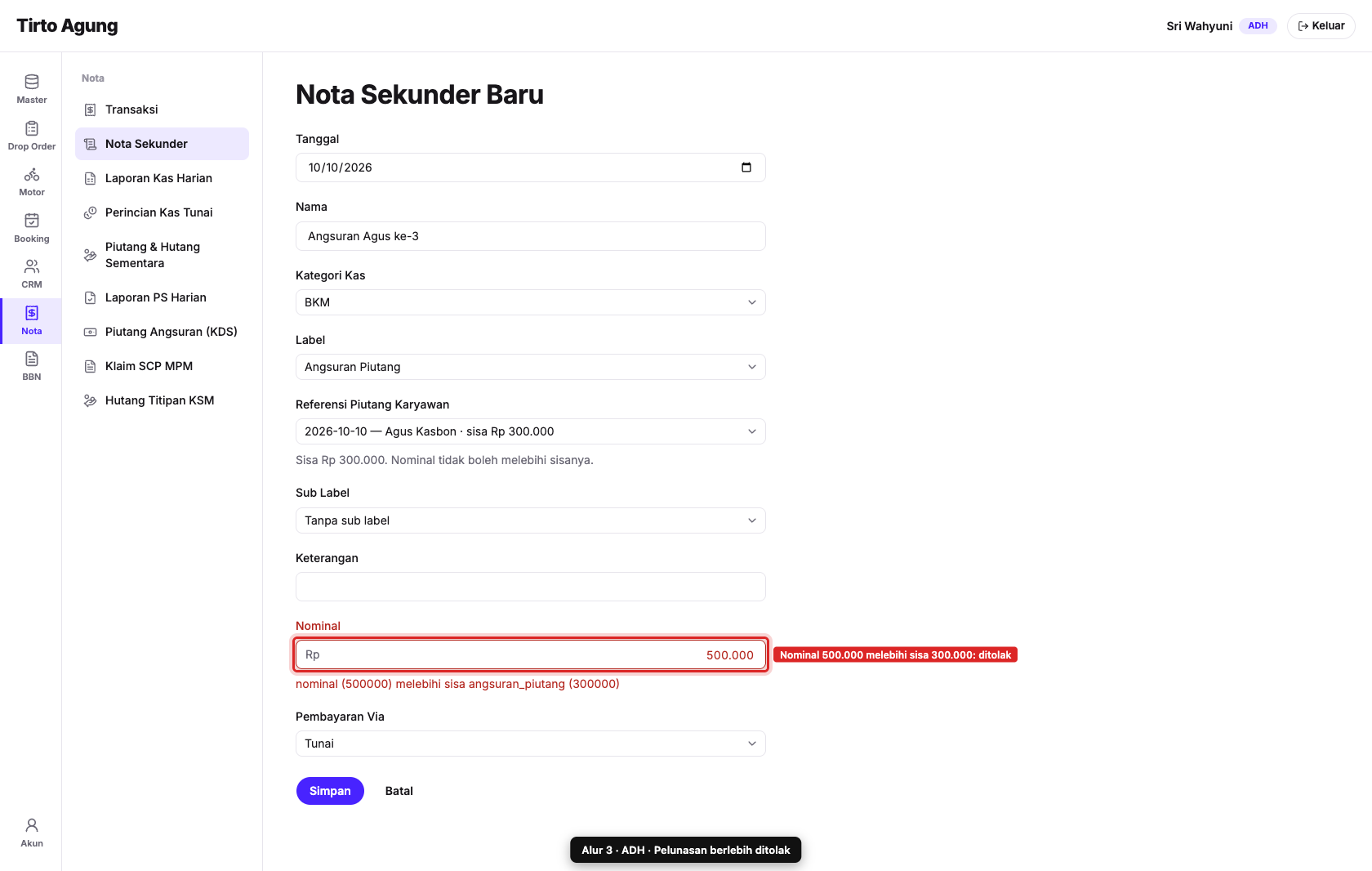 Pelunasan berlebih ditolak