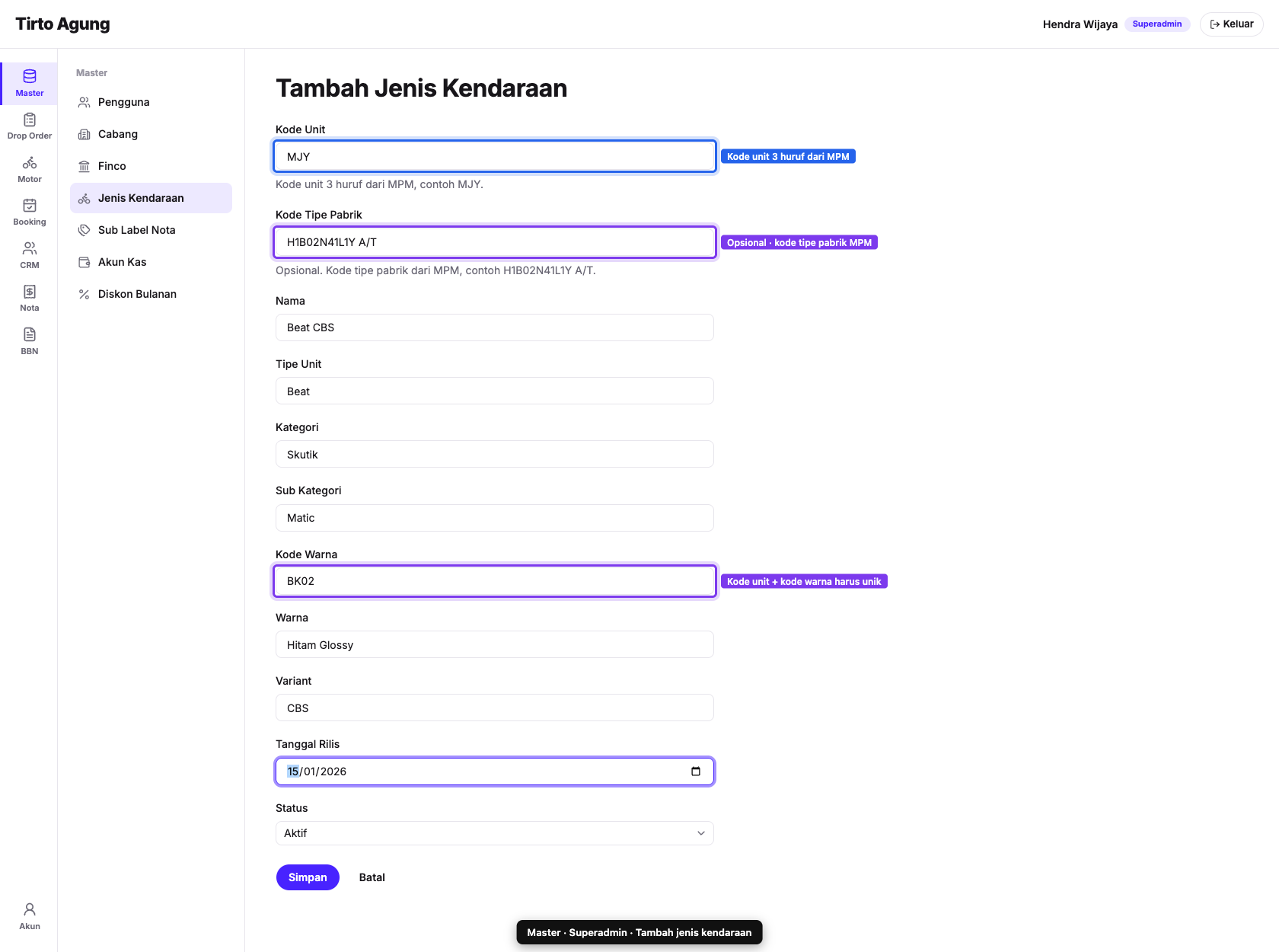 Form jenis kendaraan