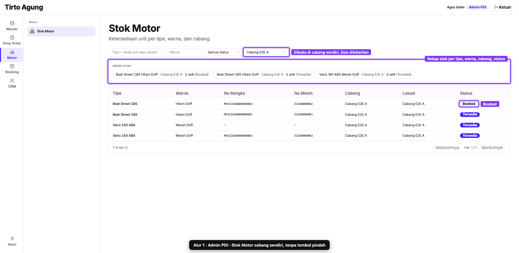 Stok Motor: baris tanpa no rangka berstatus Tersedia