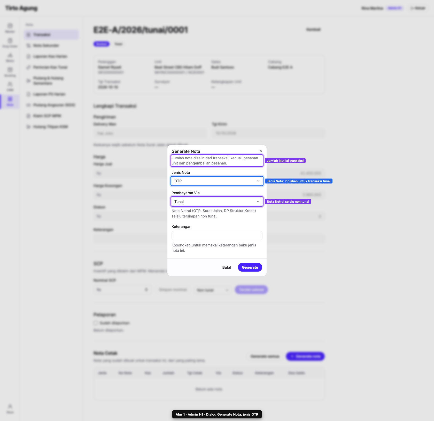 Dialog Generate Nota, OTR