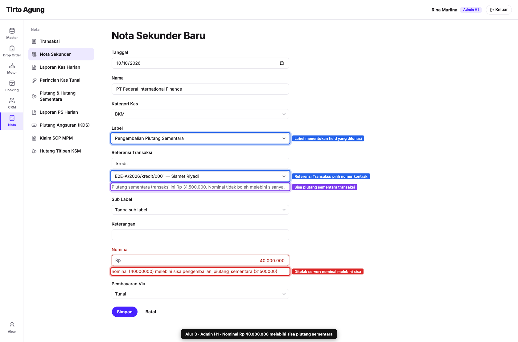 Nominal melebihi sisa