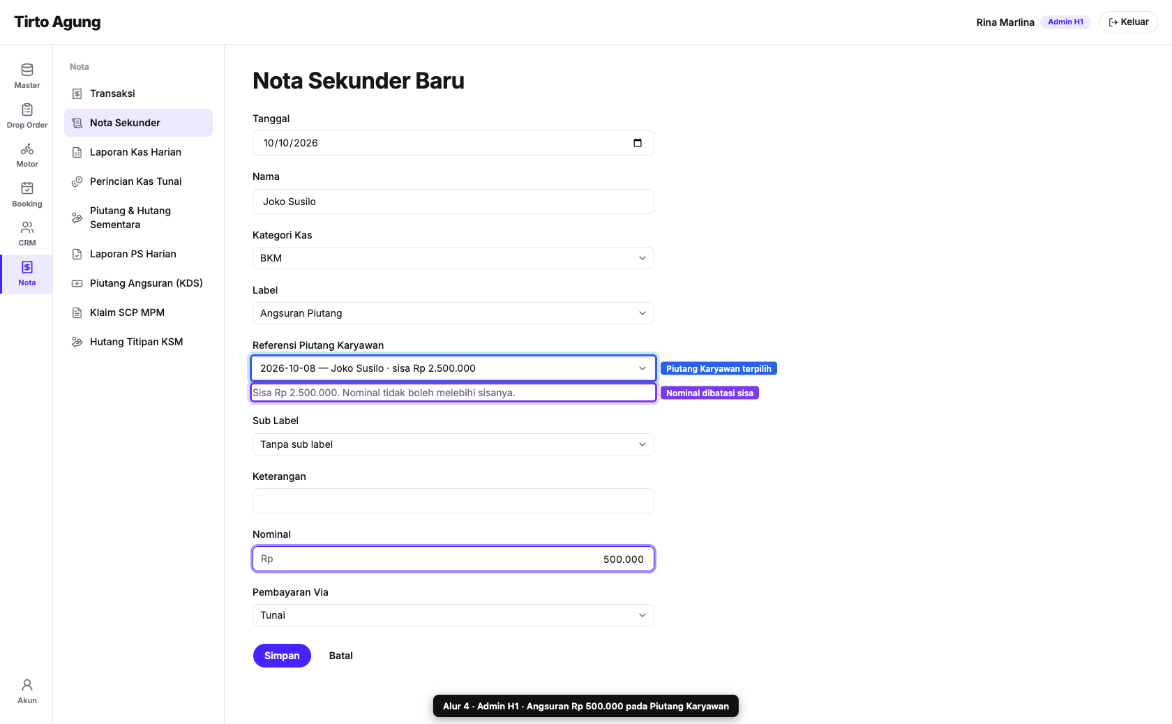 Angsuran piutang terisi