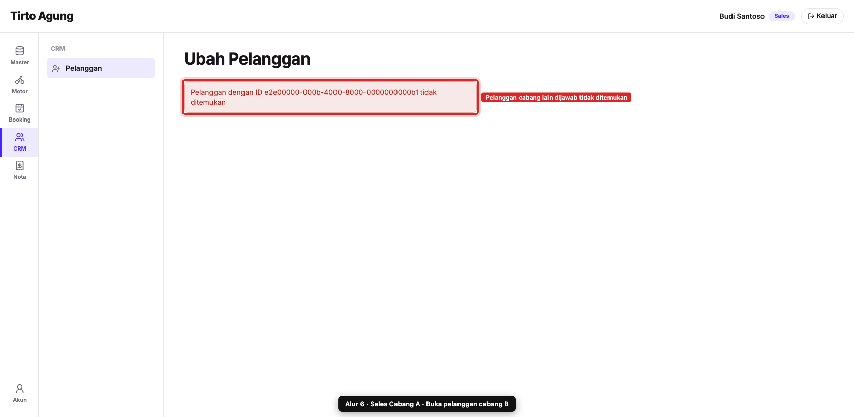 Sales A membuka pelanggan cabang B