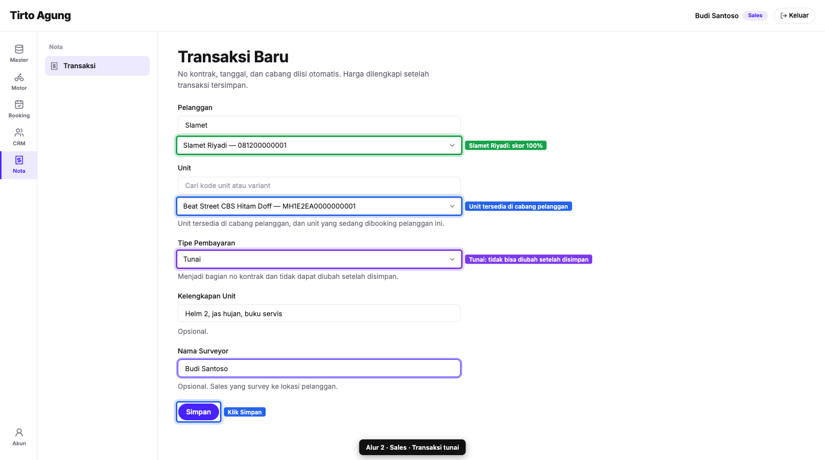 Form transaksi cash